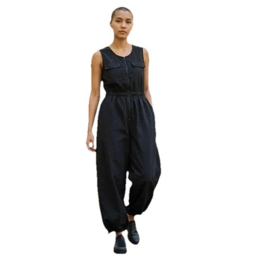 Madden NYC Parachute Jumpsuit V-Neck Sleeveless Utility Zip Up Black Nylon 3XL